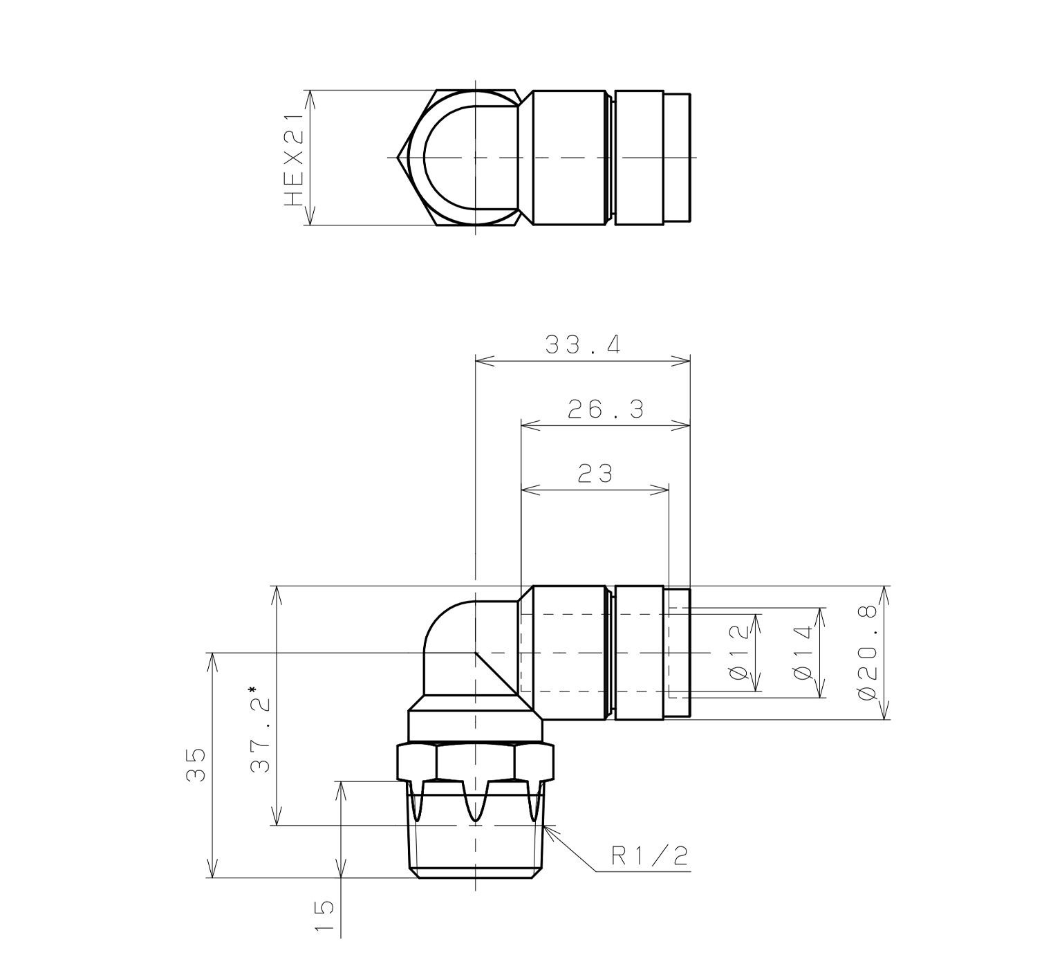 Đầu Nối Nhanh Khí Nén Cong 90° Phi 12mm Ren Ngoài R1/2 Pisco KL12-04_drawing