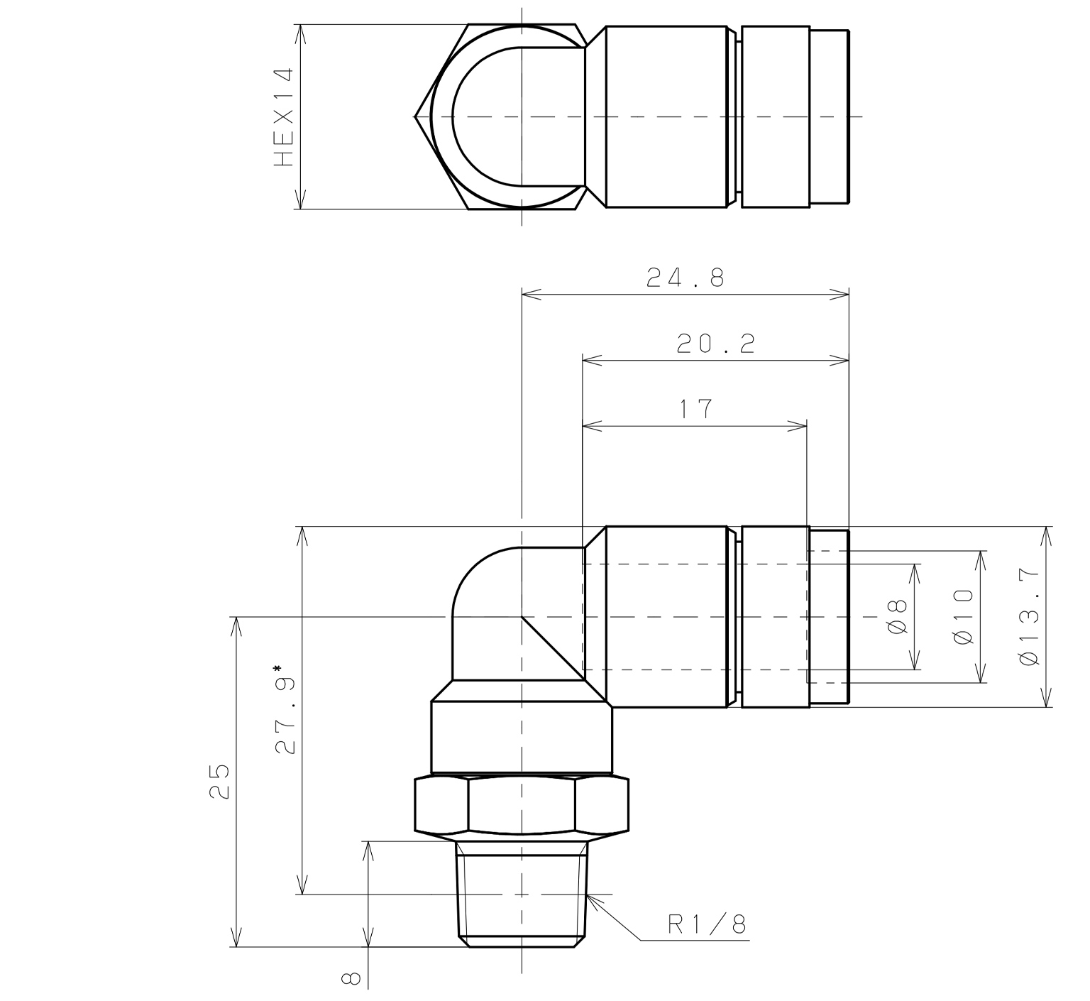 Đầu Nối Nhanh Khí Nén Cong 90° Phi 8mm Ren Ngoài R1/8 Pisco KL8-01_drawing