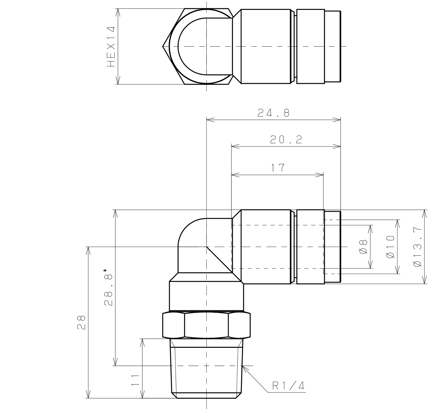 Đầu Nối Nhanh Khí Nén Cong 90° Phi 8mm Ren Ngoài R1/4 Pisco KL8-02_drawing