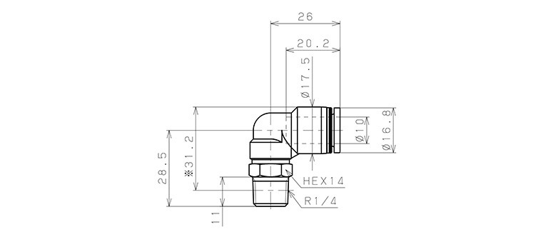 Đầu Nối Nhanh Khí Nén Cong 90° Phi 10mm Ren Ngoài R1/4 Pisco PL10-02_drawing