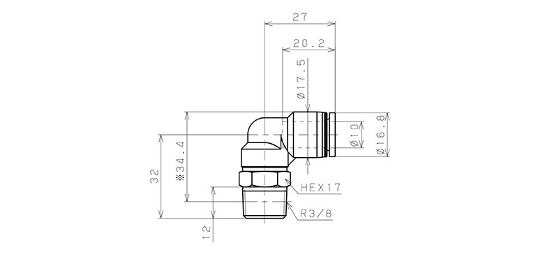 Đầu Nối Nhanh Khí Nén Cong 90° Phi 10mm Ren Ngoài R3/8 Pisco PL10-03_drawing