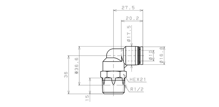 Đầu Nối Nhanh Khí Nén Cong 90° Phi 10mm Ren Ngoài R1/2 Pisco PL10-04_drawing