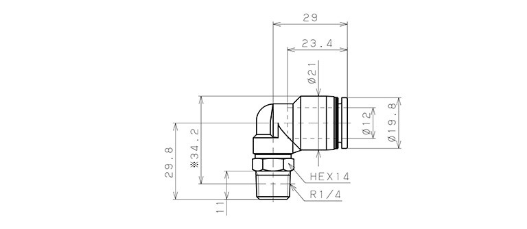 Đầu Nối Nhanh Khí Nén Cong 90° Phi 12mm Ren Ngoài R1/4 Pisco PL12-02_drawing