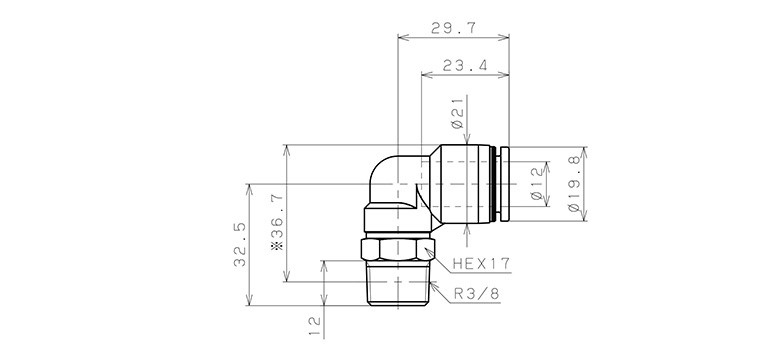 Đầu Nối Nhanh Khí Nén Cong 90° Phi 12mm Ren Ngoài R3/8 Pisco PL12-03_drawing