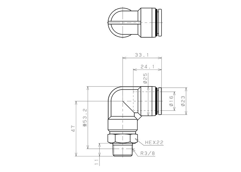 Đầu Nối Nhanh Khí Nén Cong 90° Phi 16mm Ren Ngoài R3/8 Pisco PL16-03_drawing