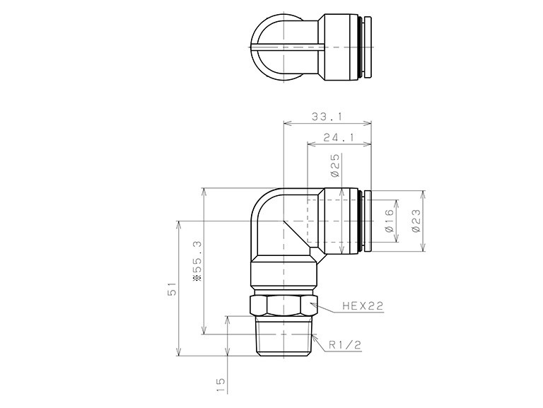 Đầu Nối Nhanh Khí Nén Cong 90° Phi 16mm Ren Ngoài R1/2 Pisco PL16-04_drawing