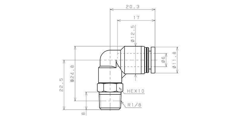 Đầu Nối Nhanh Khí Nén Cong 90° Phi 6mm Ren Ngoài R1/8 Pisco PL6-01_drawing