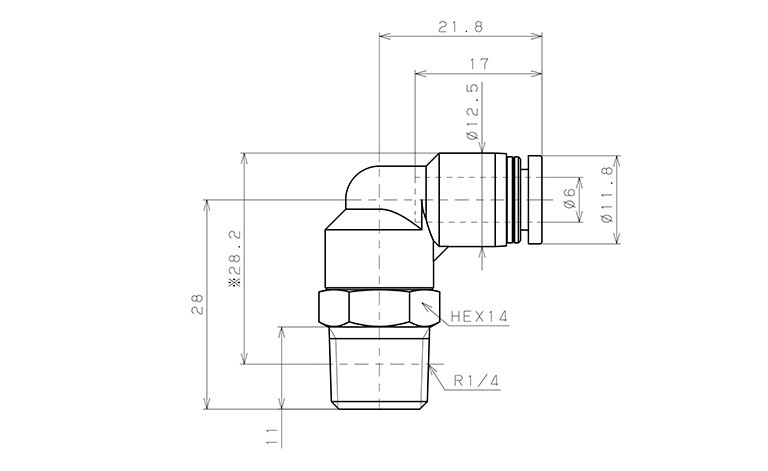 Đầu Nối Nhanh Khí Nén Cong 90° Phi 6mm Ren Ngoài R1/4 Pisco PL6-02_drawing