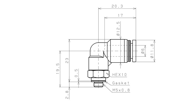 Đầu Nối Nhanh Khí Nén Cong 90° Phi 6mm Ren Ngoài M5 Pisco PL6-M5_drawing
