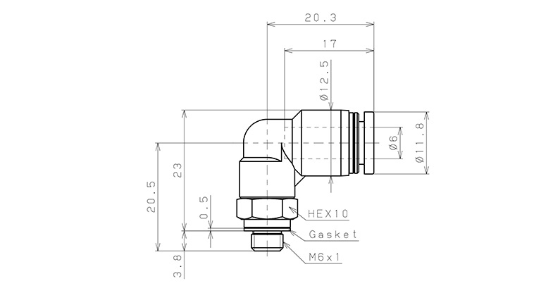 Đầu Nối Nhanh Khí Nén Cong 90° Phi 6mm Ren Ngoài M6 Pisco PL6-M6_drawing