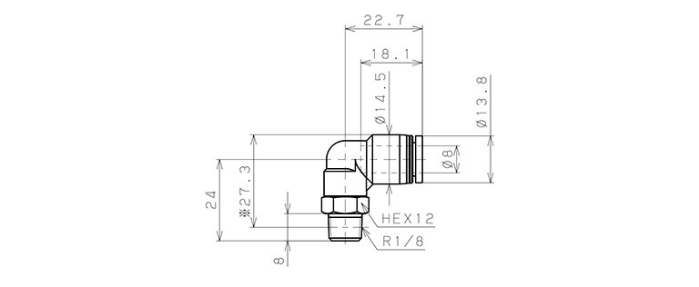 Đầu Nối Nhanh Khí Nén Cong 90° Phi 8mm Ren Ngoài R1/8 Pisco PL8-01_drawing