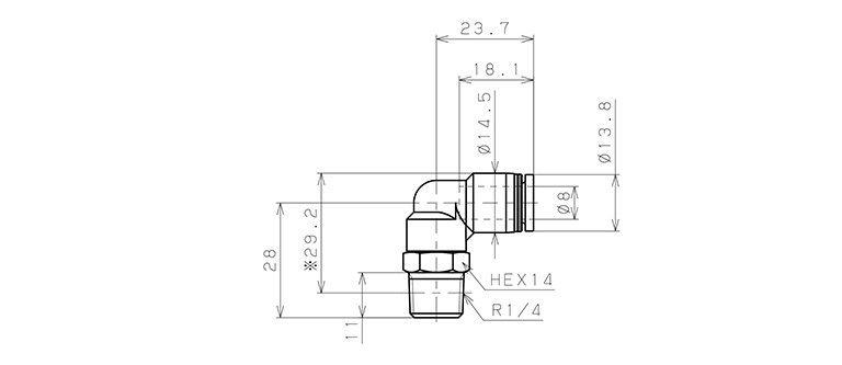 Đầu Nối Nhanh Khí Nén Cong 90° Phi 8mm Ren Ngoài R1/4 Pisco PL8-02_drawing