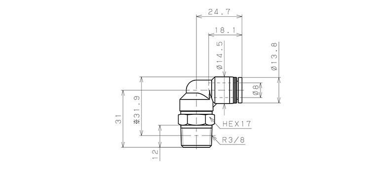 Đầu Nối Nhanh Khí Nén Cong 90° Phi 8mm Ren Ngoài R3/8 Pisco PL8-03_drawing