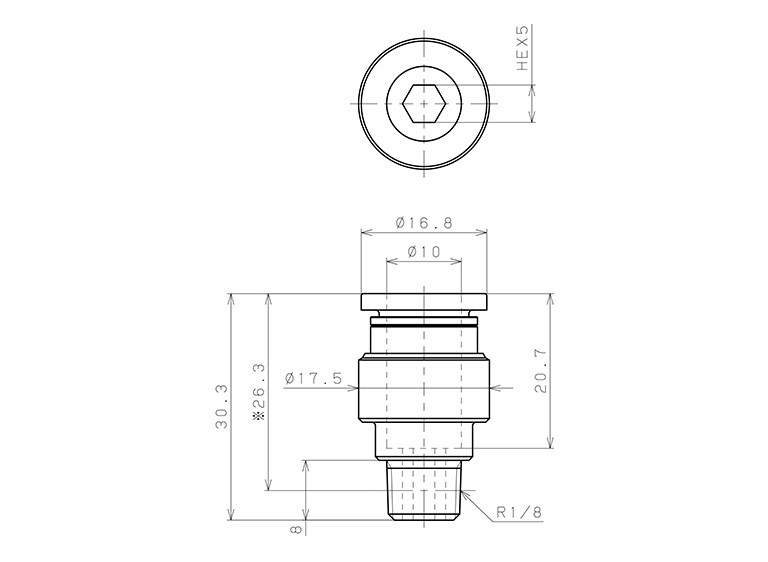 Đầu Nối Nhanh Khí Nén Thẳng Phi 10mm Ren Ngoài R1/8 Pisco POC10-01_drawing