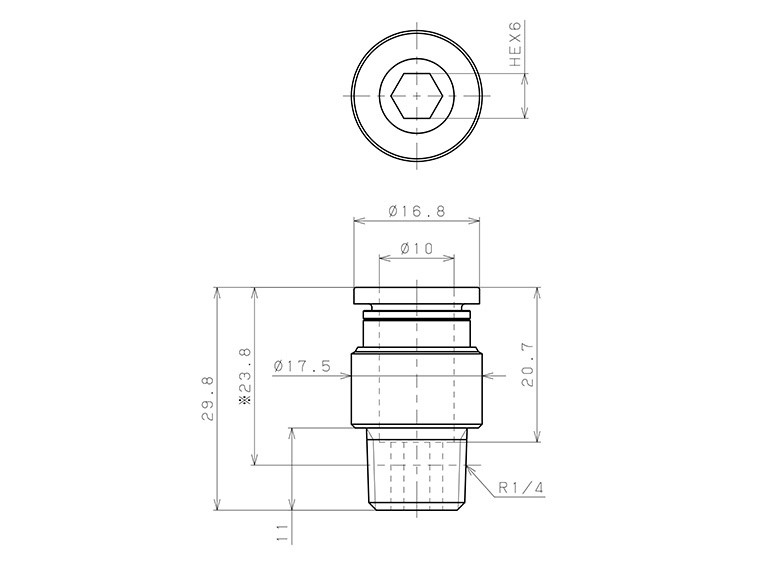 Đầu Nối Nhanh Khí Nén Thẳng Phi 10mm Ren Ngoài R1/4 Pisco POC10-02_drawing