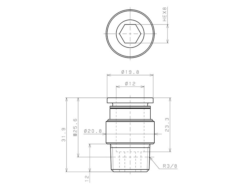 Đầu Nối Nhanh Khí Nén Thẳng Phi 12mm Ren Ngoài R3/8 Pisco POC12-03_drawing