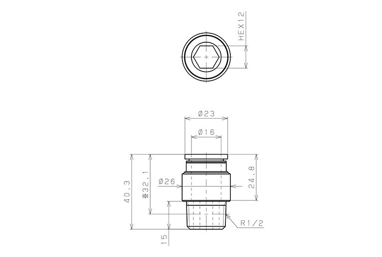 Đầu Nối Nhanh Khí Nén Thẳng Phi 16mm Ren Ngoài R1/2 Pisco POC16-04_drawing