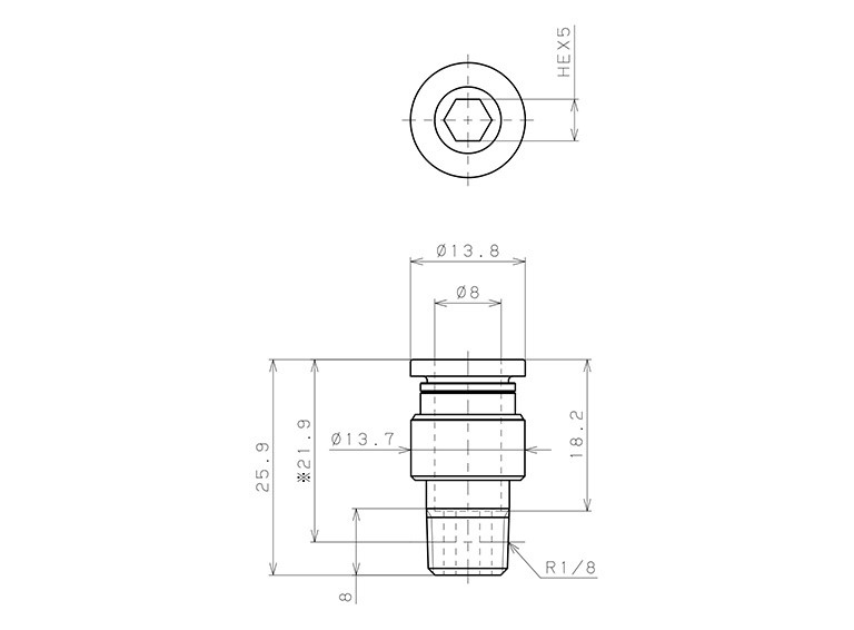 Đầu Nối Nhanh Khí Nén Thẳng Phi 8mm Ren Ngoài R1/8 Pisco POC8-01_drawing