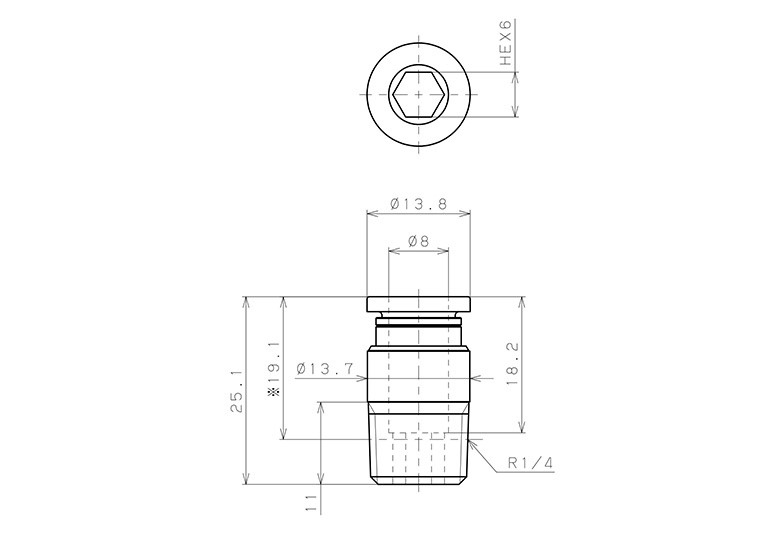 Đầu Nối Nhanh Khí Nén Thẳng Phi 8mm Ren Ngoài R1/4 Pisco POC8-02_drawing