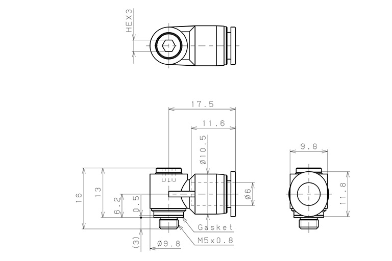 Đầu Nối Nhanh Khí Nén Dạng Cong 90° Đầu Lục Giác Chìm Ren Ngoài Pisco POL6-M5M_drawing