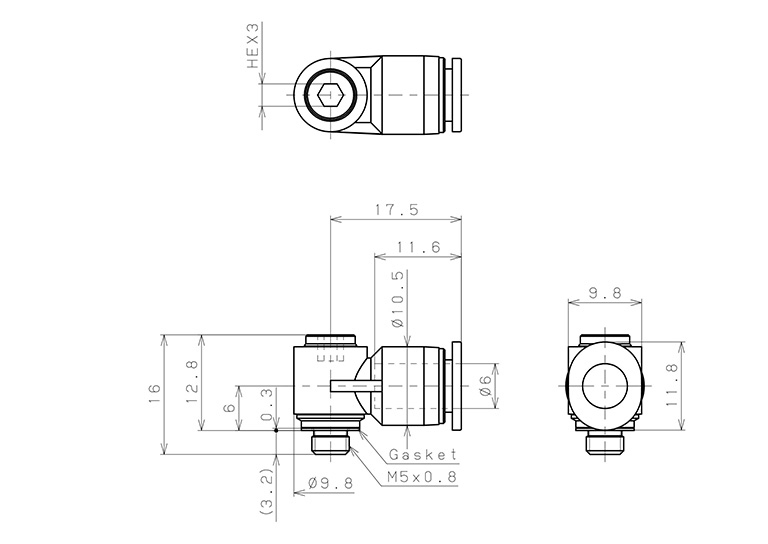 Đầu Nối Nhanh Khí Nén Dạng Cong 90° Đầu Lục Giác Chìm Ren Ngoài Pisco POL6-M5M-C_drawing