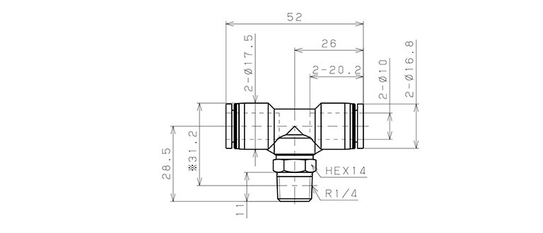Đầu Nối Nhanh Khí Nén Chữ T Phi 10mm Ren Ngoài R1/4 Pisco PB10-02_drawing