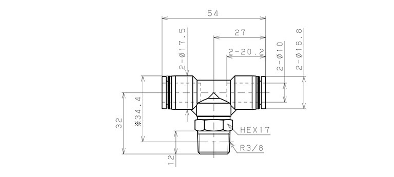 Đầu Nối Nhanh Khí Nén Chữ T Phi 10mm Ren Ngoài R3/8 Pisco PB10-03_drawing