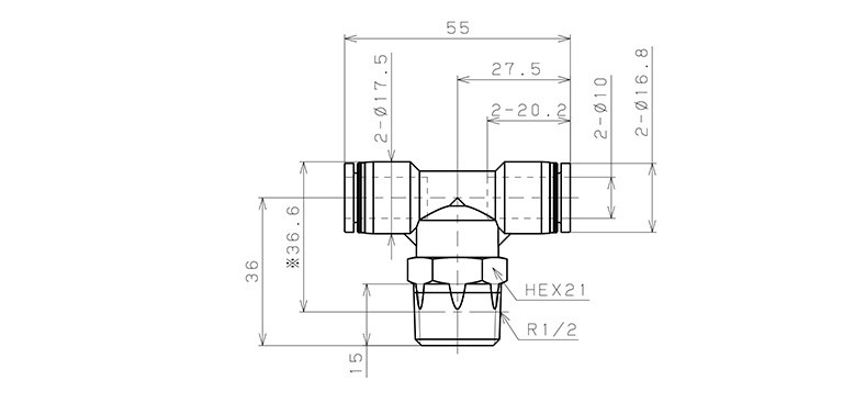 Đầu Nối Nhanh Khí Nén Chữ T Phi 10mm Ren Ngoài R1/2 Pisco PB10-04_drawing