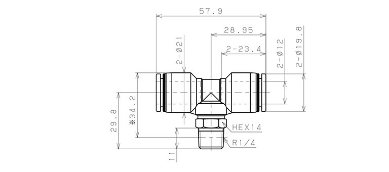 Đầu Nối Nhanh Khí Nén Chữ T Phi 12mm Ren Ngoài R1/4 Pisco PB12-02_drawing