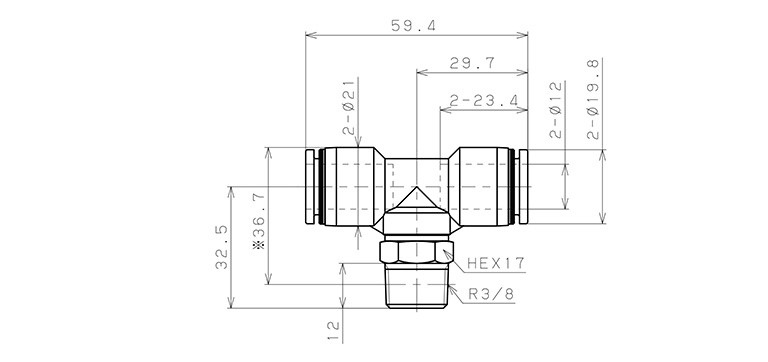 Đầu Nối Nhanh Khí Nén Chữ T Phi 12mm Ren Ngoài R3/8 Pisco PB12-03_drawing