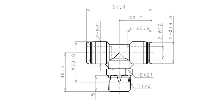 Đầu Nối Nhanh Khí Nén Chữ T Phi 12mm Ren Ngoài R1/2 Pisco PB12-04_drawing