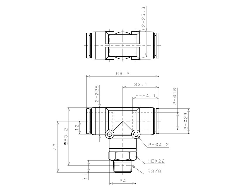 Đầu Nối Nhanh Khí Nén Chữ T Phi 16mm Ren Ngoài R3/8 Pisco PB16-03_drawing