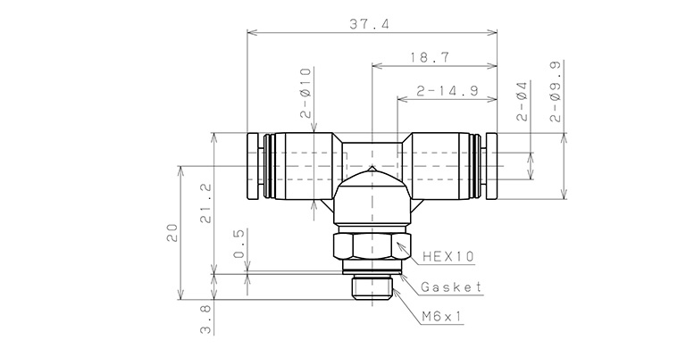 Đầu Nối Nhanh Khí Nén Chữ T Phi 4mm Ren Ngoài M6 Pisco PB4-M6_drawing
