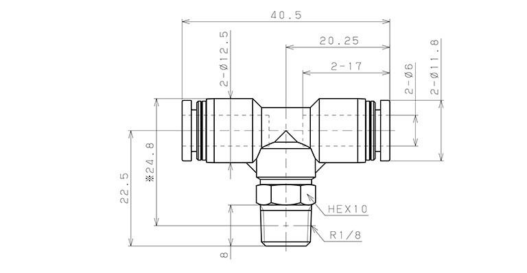 Đầu Nối Nhanh Khí Nén Chữ T Phi 6mm Ren Ngoài R1/8 Pisco PB6-01_drawing