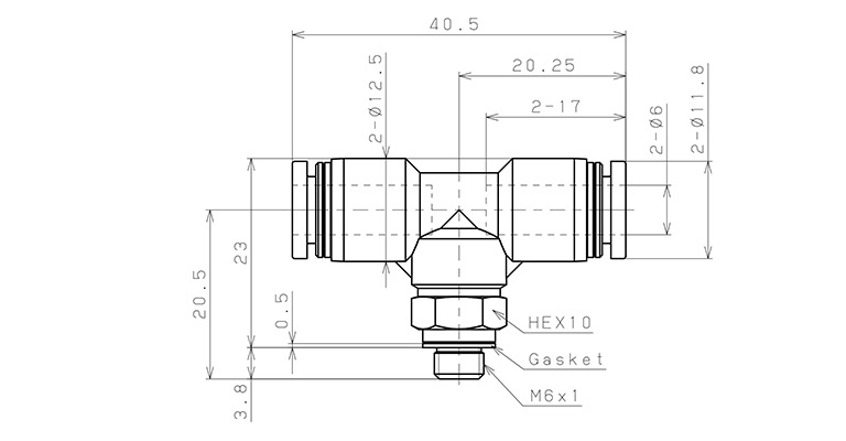 Đầu Nối Nhanh Khí Nén Chữ T Phi 6mm Ren Ngoài M6 Pisco PB6-M6_drawing