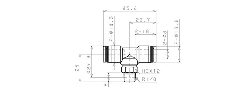 Đầu Nối Nhanh Khí Nén Chữ T Phi 8mm Ren Ngoài R1/8 Pisco PB8-01_drawing