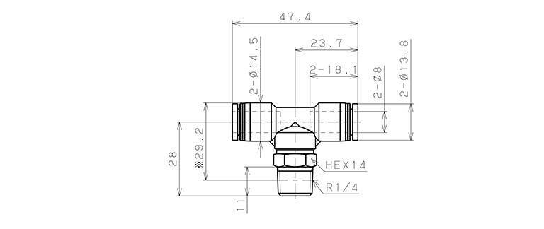 Đầu Nối Nhanh Khí Nén Chữ T Phi 8mm Ren Ngoài R1/4 Pisco PB8-02_drawing