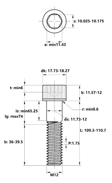 Lục Giác Chìm Đầu Trụ Inox 304 DIN912 M12x110 Ren Lửng_drawing