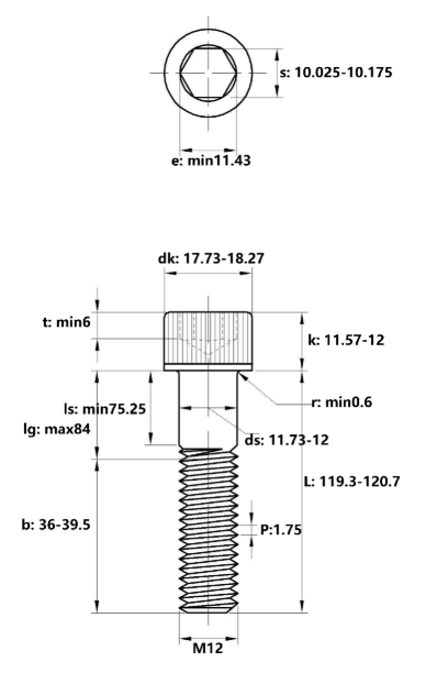 Lục Giác Chìm Đầu Trụ Inox 304 DIN912 M12x120 Ren Lửng_drawing