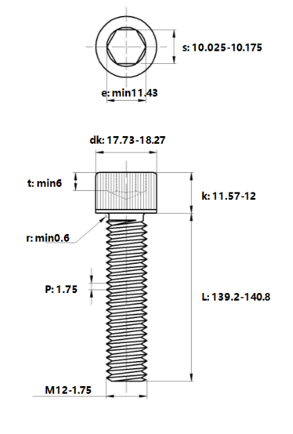 Lục Giác Chìm Đầu Trụ Inox 304 DIN912 M12x140_drawing