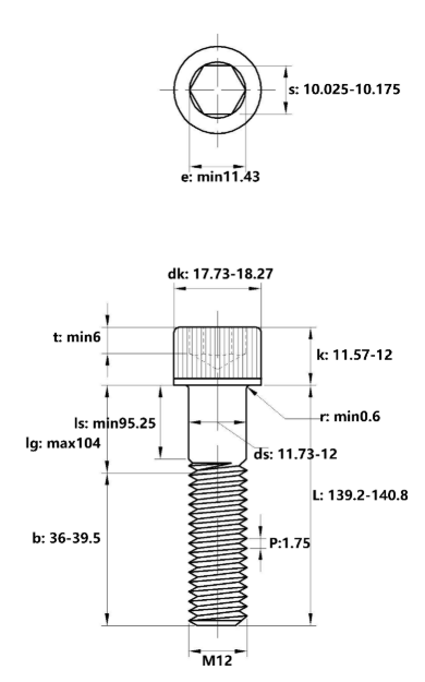 Lục Giác Chìm Đầu Trụ Inox 304 DIN912 M12x140 Ren Lửng_drawing