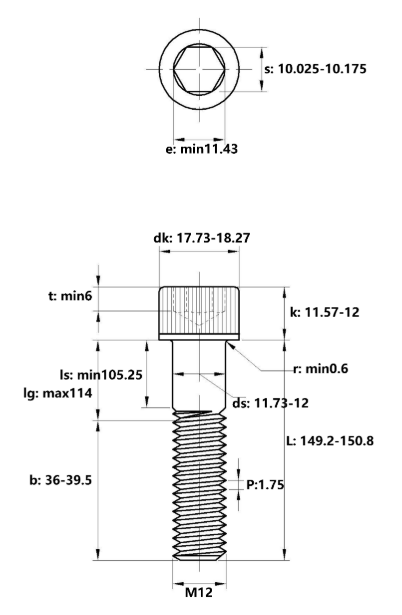 Lục Giác Chìm Đầu Trụ Inox 304 DIN912 M12x150 Ren Lửng_drawing