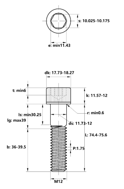 Lục Giác Chìm Đầu Trụ Inox 304 DIN912 M12x75 Ren Lửng_drawing