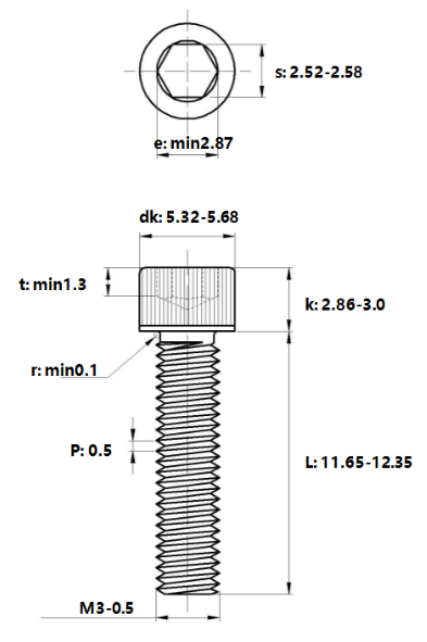 Lục Giác Chìm Đầu Trụ Inox 304 DIN912 M3x12_drawing