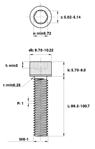 Lục Giác Chìm Đầu Trụ Inox 304 DIN912 M6x100_drawing
