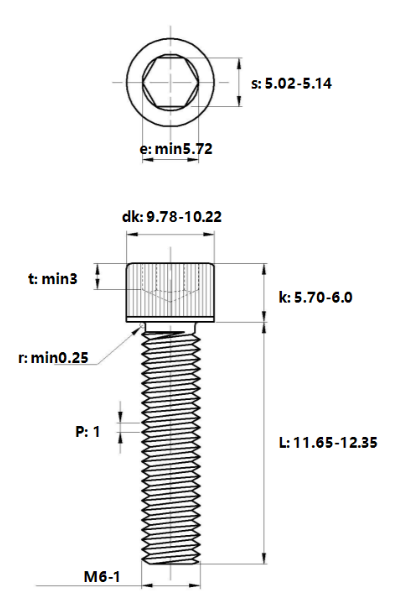 Lục Giác Chìm Đầu Trụ Inox 304 DIN912 M6x12_drawing