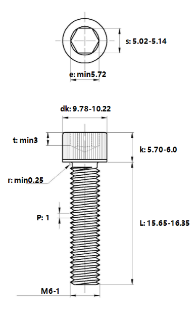 Lục Giác Chìm Đầu Trụ Inox 304 DIN912 M6x16_drawing