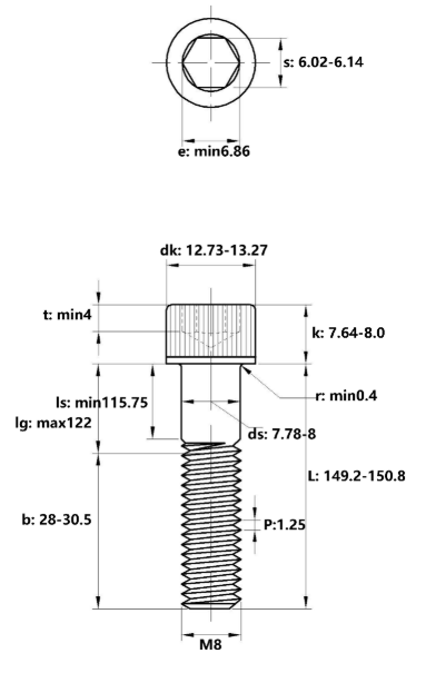 Lục Giác Chìm Đầu Trụ Inox 304 DIN912 M8x150 Ren Lửng_drawing