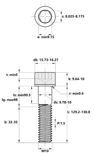 Lục Giác Chìm Đầu Trụ Inox 316 DIN912 M10x130 Ren Lửng_drawing