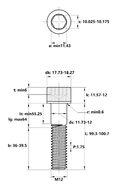 Lục Giác Chìm Đầu Trụ Inox 316 DIN912 M12x100 Ren Lửng_drawing